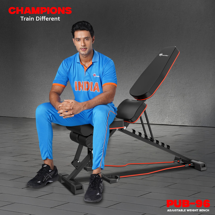 Powermax Fitness PUB-96 8-Level Adjustable Gym Bench with Resistance Bands, 150kg User Capacity Multipurpose Fitness Bench