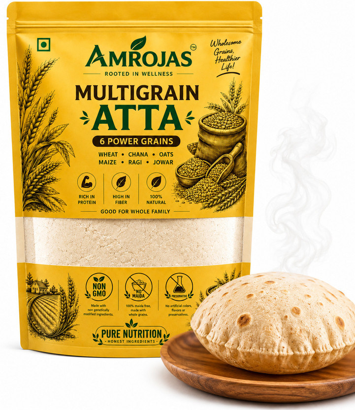 AMROJAS Multigrain Atta 1 kg | High Protein & Fibre | 6 Grains | No Added Preservatives(1 kg)