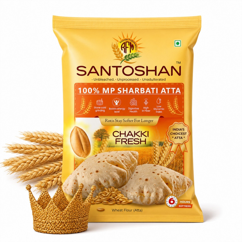RFM RFM SANTOSHAN Sharbati Atta | Chakki Fresh Whole Wheat Flour | Soft & Fluffy Rotis | HighFiber(5 kg) - Flipkart Deal