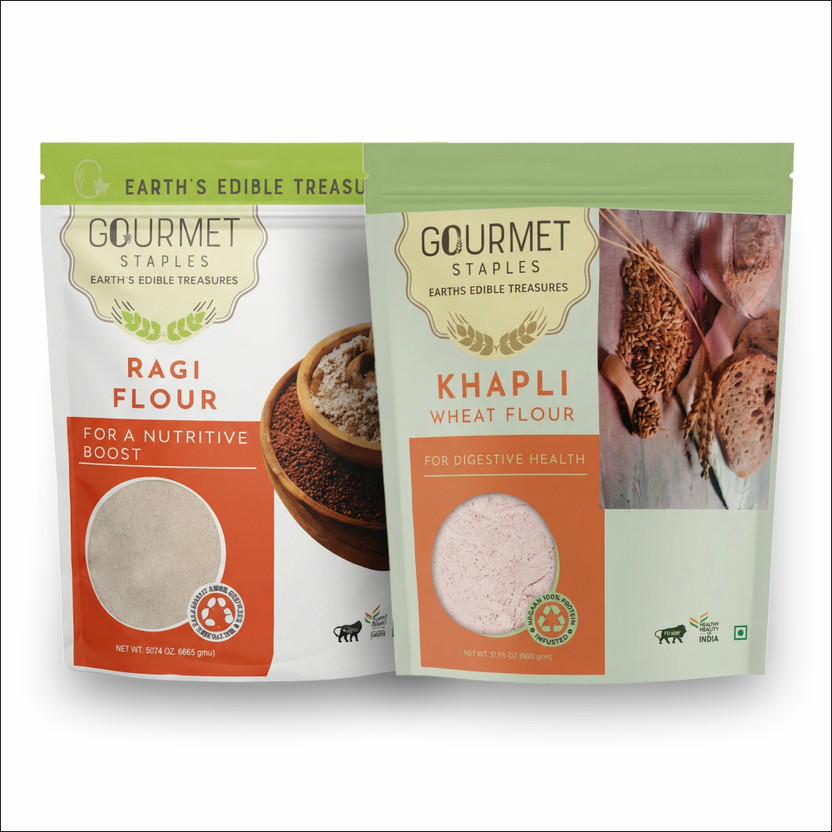 Gourmet Staples Khapli Emmer Wheat & Ragi Flour (Pack of 2) - Low Gluten & Easy to Digest(1800 g, Pack of 2)