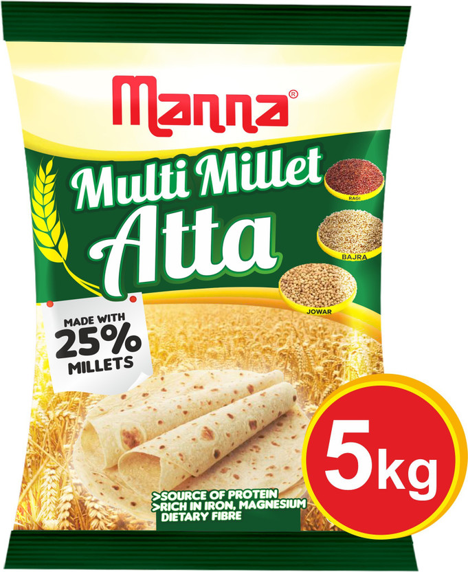 Manna Multi Millet Atta - 5kg - MultiGrain Atta with 25% Millets, Tasty and Healthier Rotis everyday. 100% Natural Flour. Nutrient Powerhouse(5 kg)