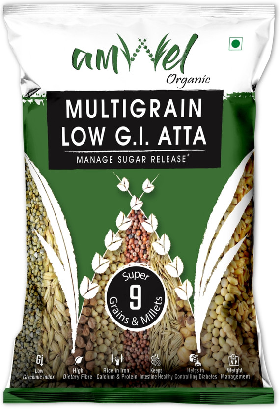Amwel Organic Multigrain Low GI Atta 5 kg -9 Grains 75% Wheat 25% 8 Multi Millet Flour(5 kg)