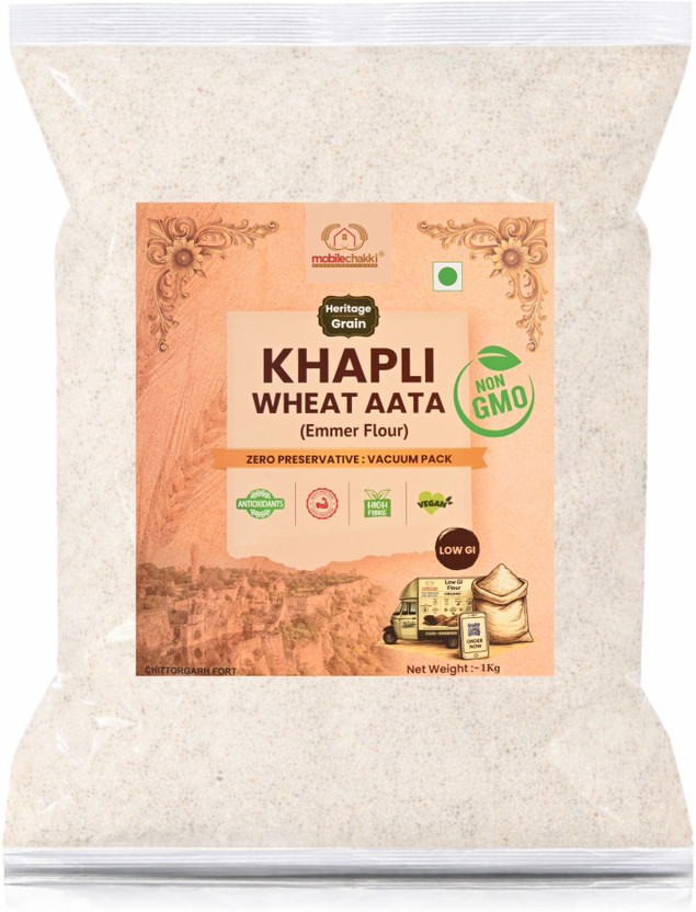 MOBILE CHAKKI Fresh Pure Khapli Atta | High Protein & Fiber | Low Gluten | Emmer Wheat Flour(1 kg)