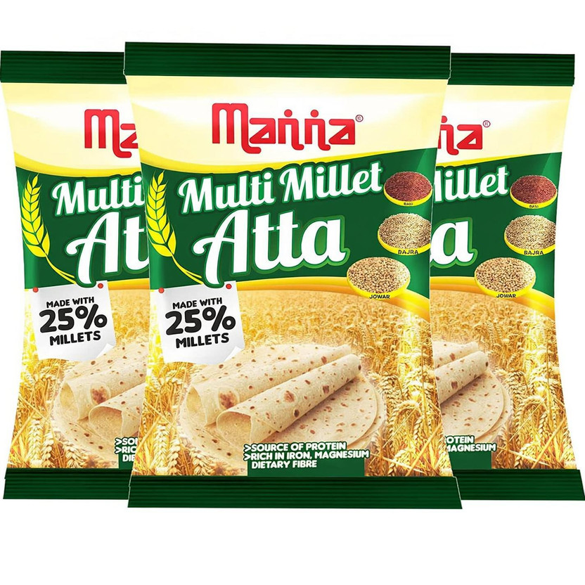 Manna Multi Millet Atta - 3kg (1kg x 3 Packs) - MultiGrain Atta with 25% Millets, Tasty and Healthier Rotis everyday. 100% Natural Flour. Nutrient Powerhouse(3 kg, Pack of 3)