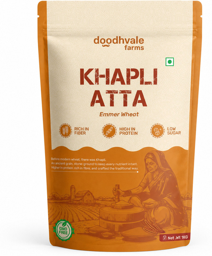 Doodhvale farms Fresh Pure Khapli Atta | High Protein & Fiber | Low Gluten | Emmer Wheat(1 kg)