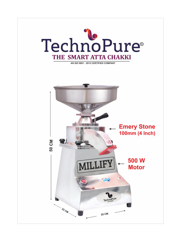 TechnoPure MILLIFY 500W Multi Grain Mill, Mini Atta Chakki for Home, Heavy Duty Motor Gharghanti Domestic Flour Mill, Gharelu Atta Chakki, 5-10 Kg/Hour, Stone Based Flourmill