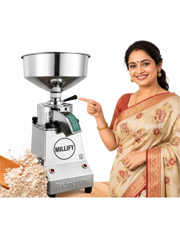 TechnoPure MILLIFY 500W Multi Grain Mill, Mini Atta Chakki for Home, Heavy Duty Motor Stone Based Domestic Flour Mill, Gharghanti Gharelu Atta Chakki, 5-10 Kg/Hour Flourmill