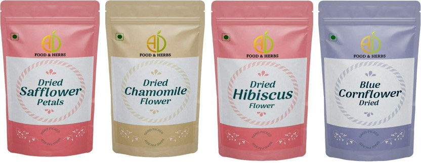 AD Food & Herbs Combo of Dried Flowers 100 Gms each - FL BLND - 199 Combo(Safflower Flower Petals 100g, Chamomile Flower Petals 100g, Blue Corn Flower Petals 100g, Hibiscus Flower Petals 100g)