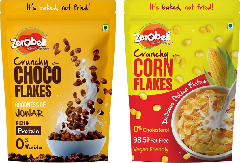 Zerobeli No Maida Crunchy ChocoFlakes & Fat-Free Corn Flakes | Combo(1 Pack Choco Flakes - 460g, 1 Pack Corn Flakes - 300g)