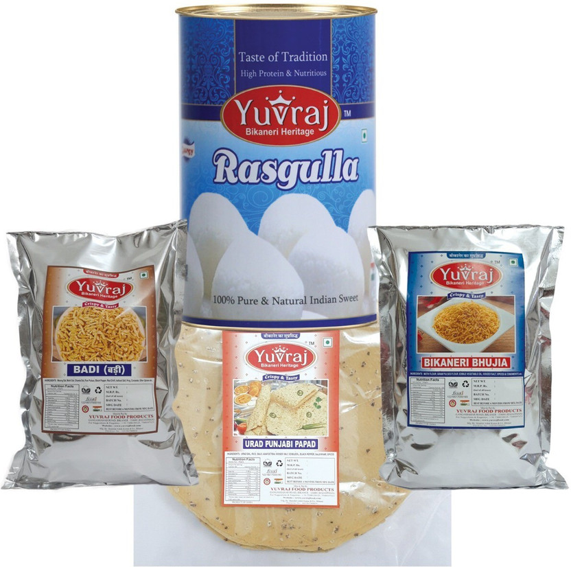 Yuvraj Food Product Bikaneri Festive Combo Handmade Papad Badi Bikaneri Bhujiya & Rasgulla Pack of 4 Combo(1 x Rasgulla 500gm, 1 x Bhujia 400gm, 1 x Moong Badi 200gm, 1 x Papad 400gm)