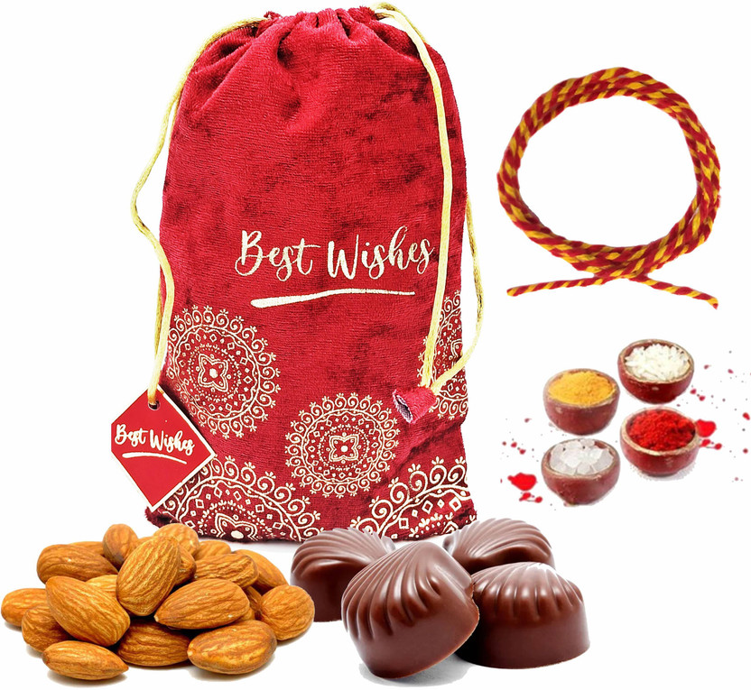 FabBites FabBites Bhai Dooj Gift for Brother with Almond,Chocolates in Red Velvet Potli with Tikka Combo(Premium handmade chocolate gift hamper pack with 12 chocolates, 120 GM Almonds) - Flipkart Deal