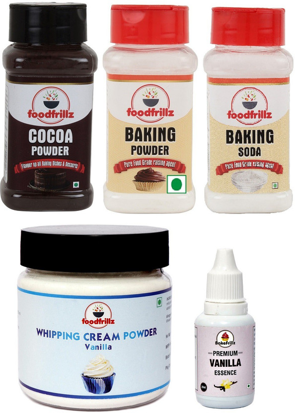 foodfrillz Combo of 5 Baking Essentials Combo(cocoa, baking powder&soda, whip cream, vanilla essence)