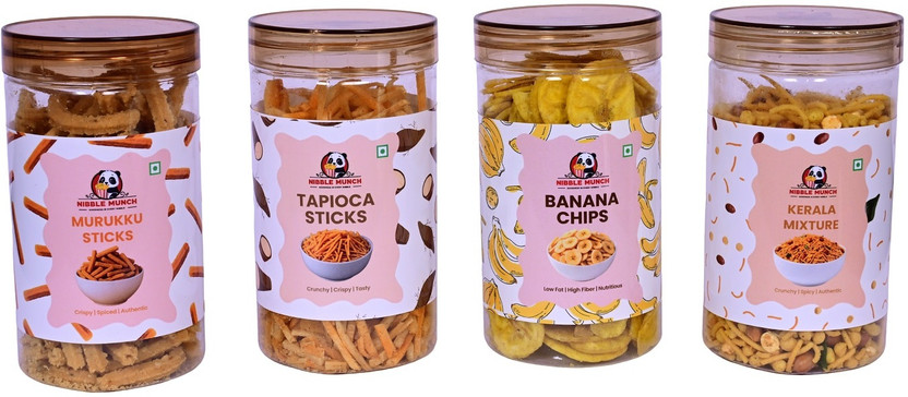 NIBBLE MUNCH Murukku Sticks 200g Tapioca Sticks 200g Banana Chips 180g Karela Mixture 250g Combo(830gm)