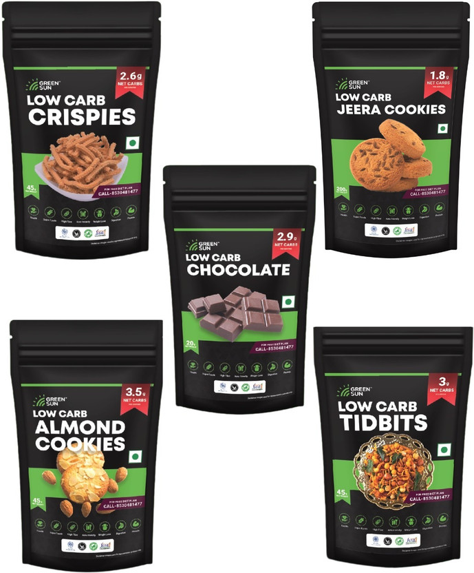 GREEN SUN Low Carb Snacks Hamper Combo(40g Low Carb Crispies, 40g Low Carb Tidbits, 40g Low Carb JeeraBiscuit, 40g Low Carb Almond Cookies, 20g Low Carb Chocolate)