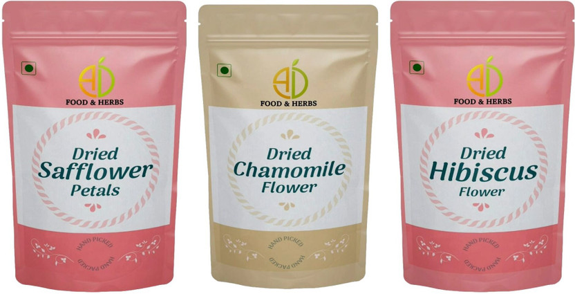 AD Food & Herbs Combo of Dried Flowers 100 Gms each - FL BLND - 111 Combo(Safflower Flower Petals 100g, Hibiscus Flower Petals 100g, Chamomile Flower Petals 100g)