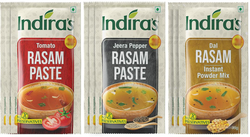 Indira Tomato Rasam Paste 50g (3 Nos) + Pepper Rasam Paste 50g (3 Nos) + Dal Rasam Powder 35g (3 Nos) Combo(Tomato Rasam Paste 50g x 3, Pepper Rasam Paste 50g x 3, Dal Rasam Powder 35g x 3)