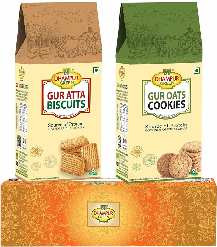 DHAMPUR GREEN Healthy Cookies Combo,Gur Oats Cookies & Gur Cracker Cookies, 200g Each Combo(2)