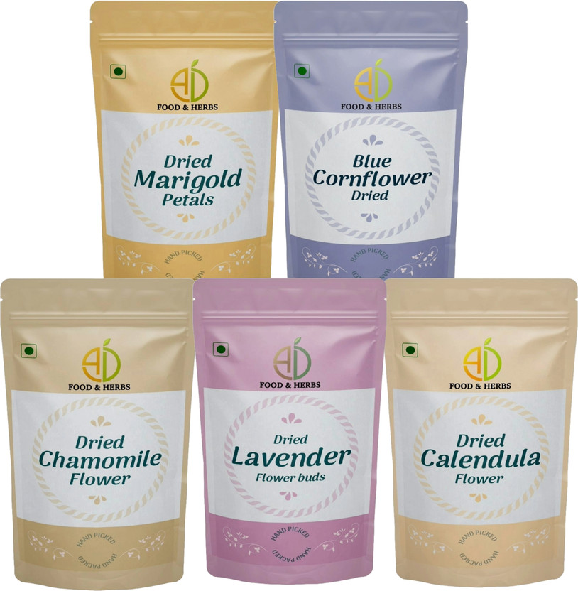 AD Food & Herbs Combo of Dried Flowers 100 Gms each - FL BLND - 267 Combo(Lavender Flower Petals 100g, Marigold Flower Petals 100g, Blue Corn Flower Petals 100g, Chamomile Flower Petals 100g, Calendula Flower Petals 100g)