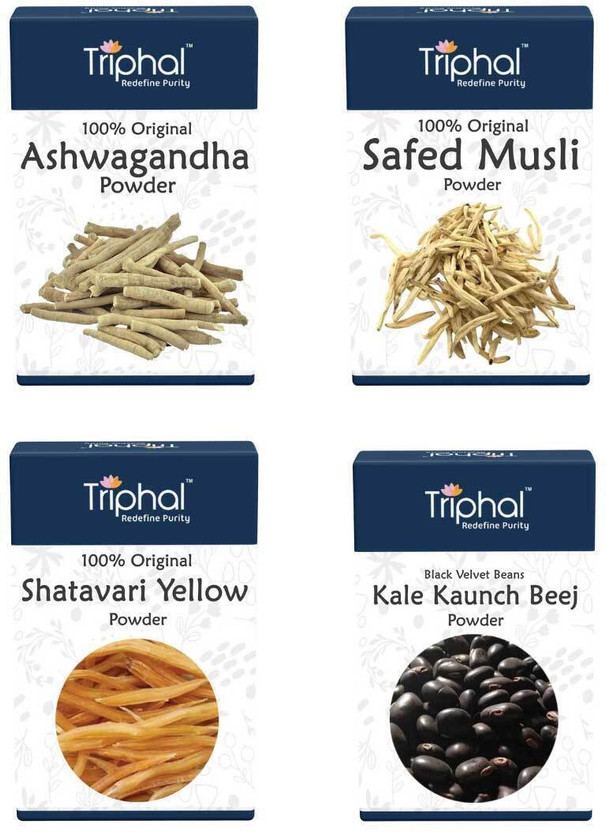 Triphal Shakti Plus Combo - Organic and Pure Powder - For Strength, Stamina and Energy Combo(Ashwagandha-100g, Shatavari-100g, Safed Musli-100g, Kaunch Beej-100g)