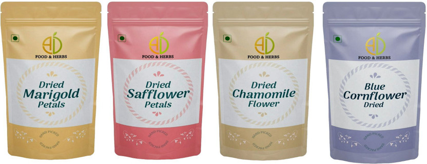 AD Food & Herbs Combo of Dried Flowers 50 Gms each - FL BLND - 210 Combo(Safflower Flower Petals 50g, Chamomile Flower Petals 50g, Blue Corn Flower Petals 50g, Marigold Flower Petals 50g)