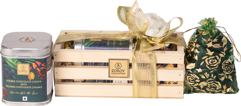 Zoroy Luxury Chocolate Pine Wood Gift Combo Hamper Reusable Box contains Cookie & 6 Milk Dark Chocolate Combo(300 Gms)