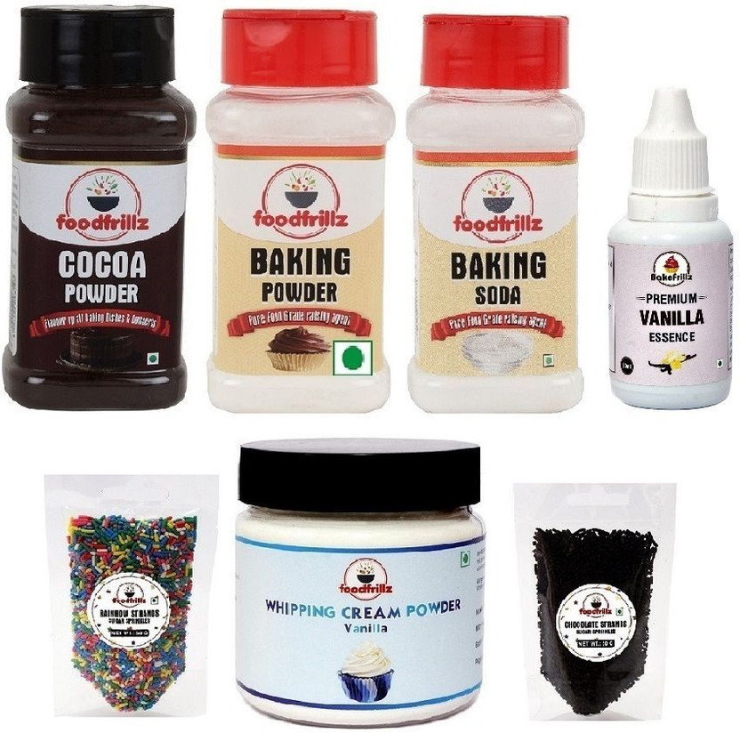 foodfrillz Baking Essential Combo Pack of 7 Ingredients Combo(Cocoa-Baking-Whipping Powder-Soda-Vanilla Essence-Rainbow & Choco Sprinkles)