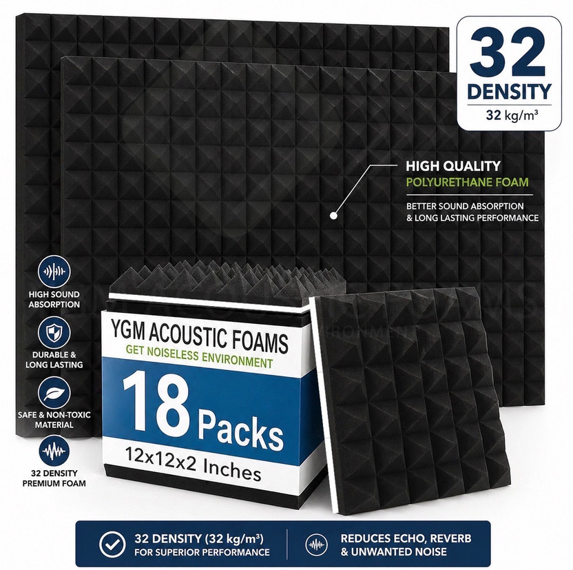 YGM Acoustic Foams Premium Grade for Noise Reduction & Absorption (Charcoal Black) (Set of 18)(18 Panels Black)