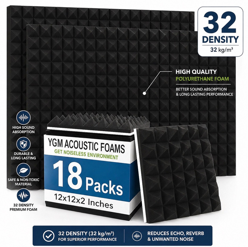 YGM Acoustic Foams Premium Grade for Noise Reduction & Absorption (Charcoal Black) (Set of 18)(18 Panels Black)