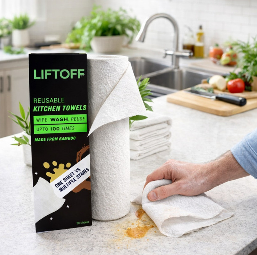 liftoff Reusable Bamboo Kitchen Towel Roll 20 Sheets | 2000x Washable Cleaning Wipes Parchment Paper(Pack of 20, 10 m)