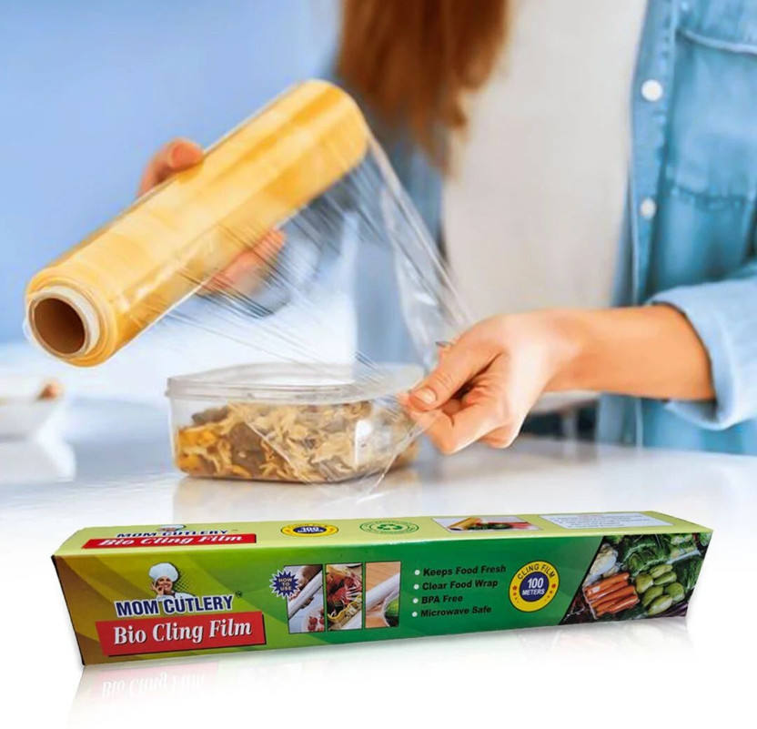 MOM CUTLERY 30 cm 100 ft Biodegradable Food Grade 100 Meter Wrapping Cling Film Shrinkwrap(1 mil)
