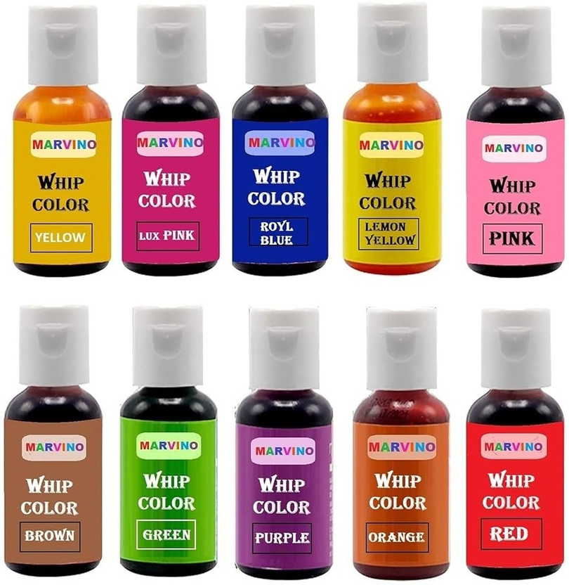 Marvino Whip edible Food Colours for cake pastries white chocolate sweets set of 10 Multicolor(200 ml)