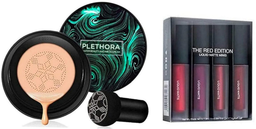 Plethora 3 in 1 Air Cushion CC and BB cream Waterproof foundation 4 Pcs Red Edition Foundation(MULTICOLOR, 30 g)