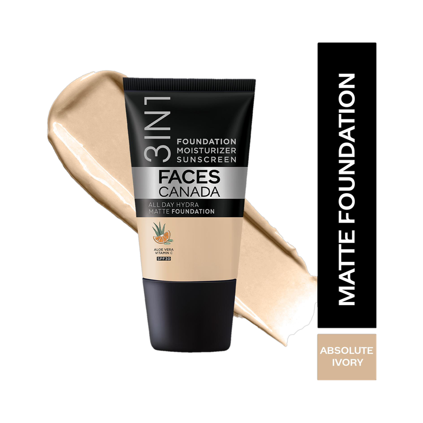 FACES CANADA All Day Hydra Matte | 3 in 1 Moisturizer + SPF 30 + Waterproof Foundation(Absolute Ivory 012, 18 ml)