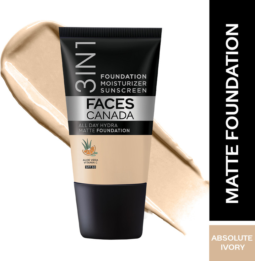 FACES CANADA All Day Hydra Matte (Mini) | 3 in 1 Moisturizer + SPF 30 + Foundation(Absolute Ivory 012, 18 ml)
