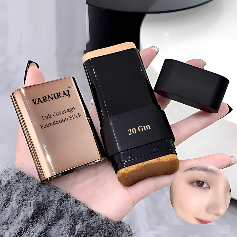 Varniraj Korean 2 in 1 Foundation Stick Waterproof with Brush Full Coverage for Women Foundation(Light Beige, 20 g)