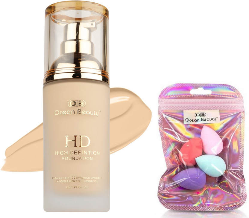 OCEAN BEAUTY Waterproof High Coverage Liquid Matte Finish Foundation Cream Makeup Blender Foundation(Beige HD For All Oily Dry Skin Full Natural Fair Dark Dusky Type Tone, 45 ml)