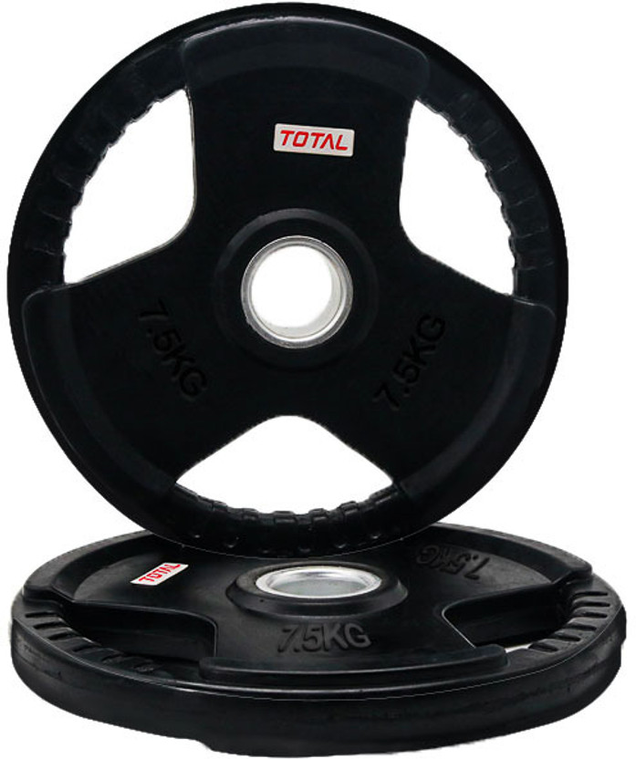 Total sports & fitness Rubber-Coated Olympic Weight Plates | 3 Holes Grip with 50mm Dia for Barbell, Black Weight Plate(7.5 kg)