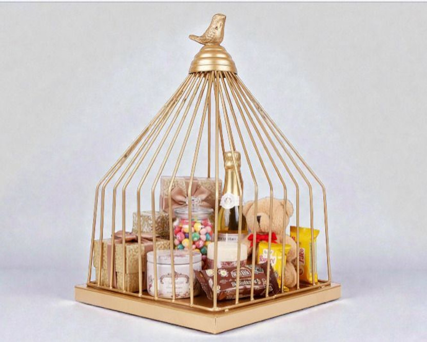 INDIAN ARTISANS Metal Hamper Basket with Bird Design: Add Whimsical Charm to Your Home Iron Fruit & Vegetable Basket(Gold)