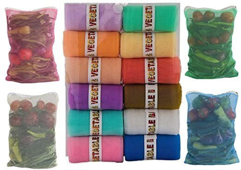 Home Organize Pack of 12 Washable Mesh fridge storage Bags with Zip for Fruits & Vegetable Nylon Fruit & Vegetable Basket(Multicolor)