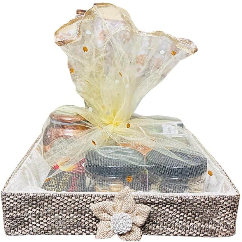 VayuArtCrafts Jute MDF Gift Hamper Basket with Flower Set 3 Sizes 30x30x6 cm Wooden Fruit & Vegetable Basket(Multicolor)