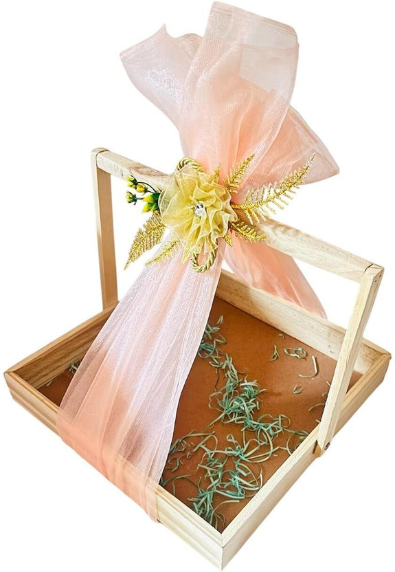 VayuArtCrafts Pine Wood Gift Hamper Basket with Handle Net Flower 30x30 Inch Vayu Art Wooden Fruit & Vegetable Basket(Pink)
