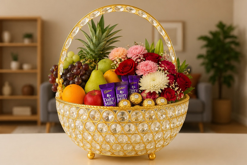 INFINITYDESIGN Premium Fruit Basket Flower Bouquet Chocolate Hampers for Diwali Gifting Iron Fruit & Vegetable Basket(Gold)