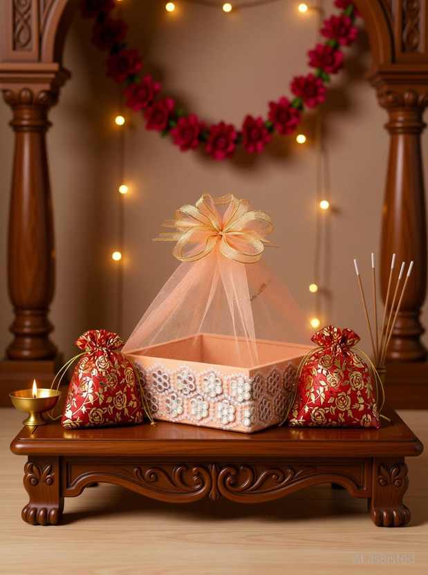 KHUSHA CREATIONS Premium Gift Basket Tokri (8*8 inches) with 2 Potlis For Wedding,Gift & Festive Wooden Fruit & Vegetable Basket(Orange)
