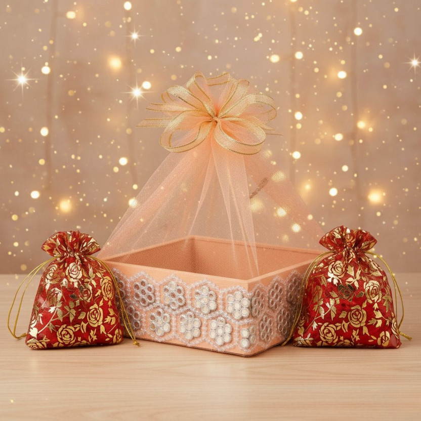 KHUSHA CREATIONS Premium Gift Basket Tokri (8*8 inches) with 2 Potlis For Wedding,Gift & Festive Wooden Fruit & Vegetable Basket(Orange)