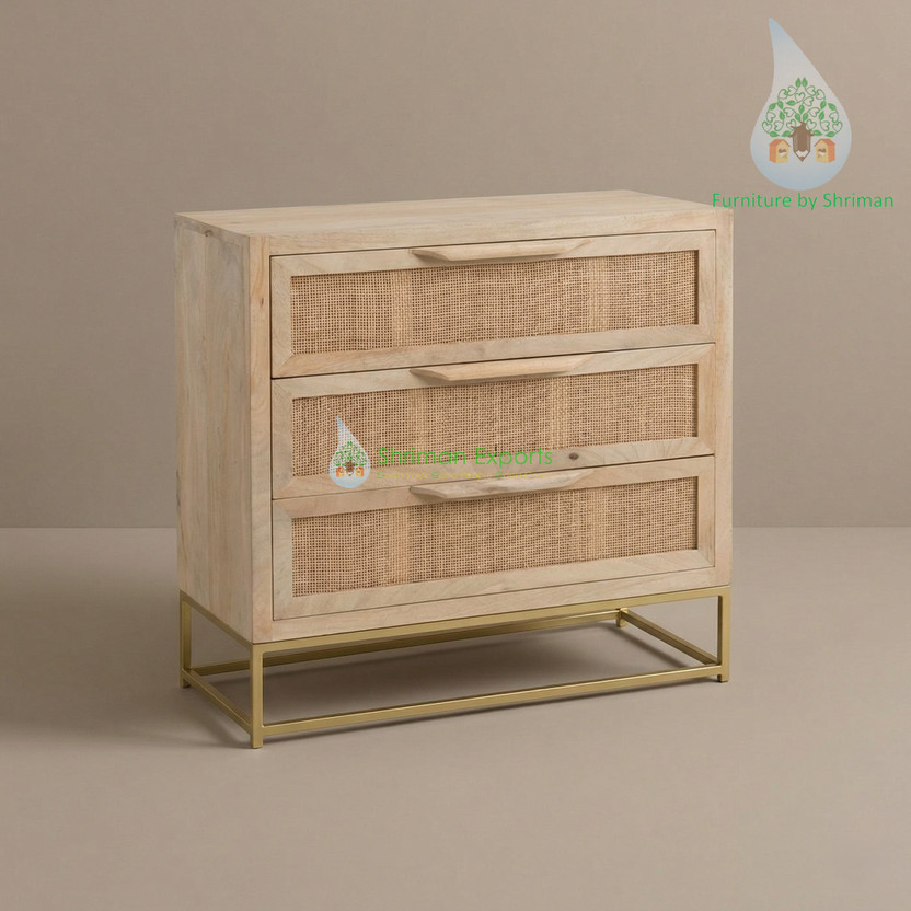 Shriman Shriman Natural Cane Boho Accent Cabinet & Dresser with Gold Metal Base Solid Wood Free Standing Chest of Drawers(Finish Color - Natural, Pre-assembled) - Flipkart Deal