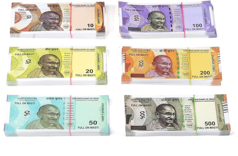 Mallexo 600PCs Fake Currency for Kids - Artificial Dummy Notes and Fake Money Note for Kids with Kids Activity Manual Money for Playing Toy (6 Bundle Duplicate Money for Kids) - Dummy Notes for Kids Money Toys Gag Toy