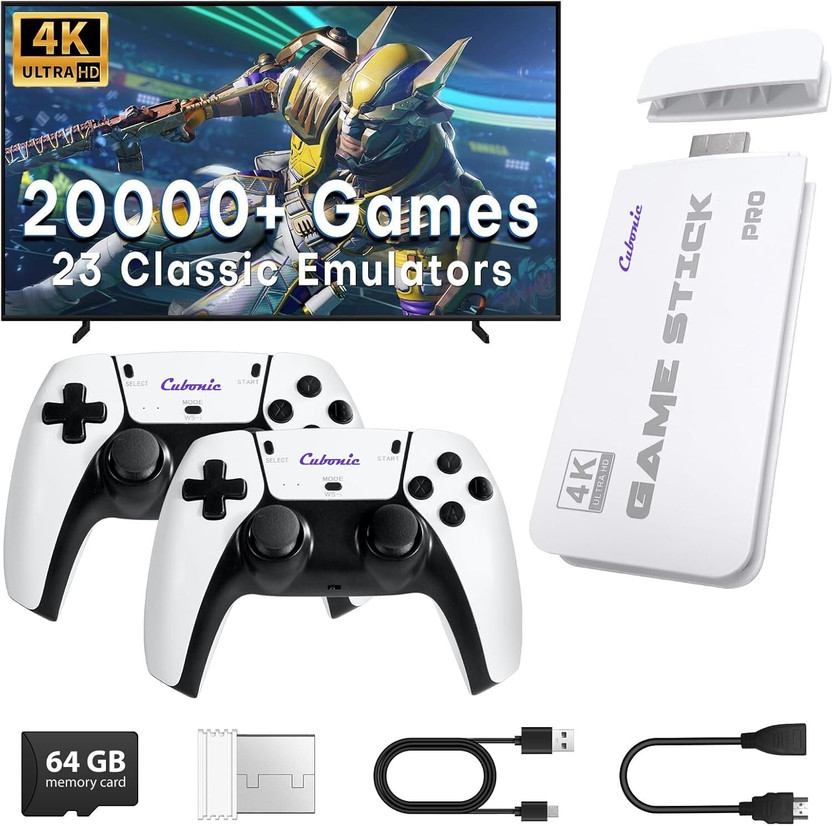 Cubonic M15 Plus GameVerse 4K| 23 Emulators| HDMI Plug & Play| Dual Wireless Controller 64 GB with 20000+ Build-In(White, 2X Wireless Controller)