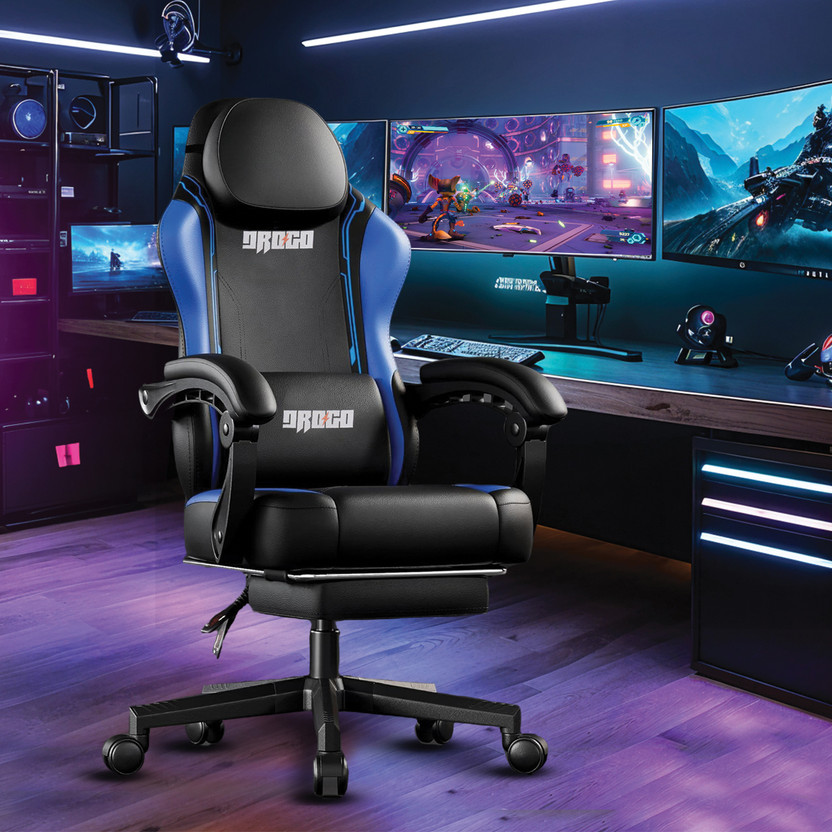 Drogo Home Office Computer Chair with PU Leather, Linkage ArmRest, Footrest, Ergonomic Gaming Chair(Black, Blue)