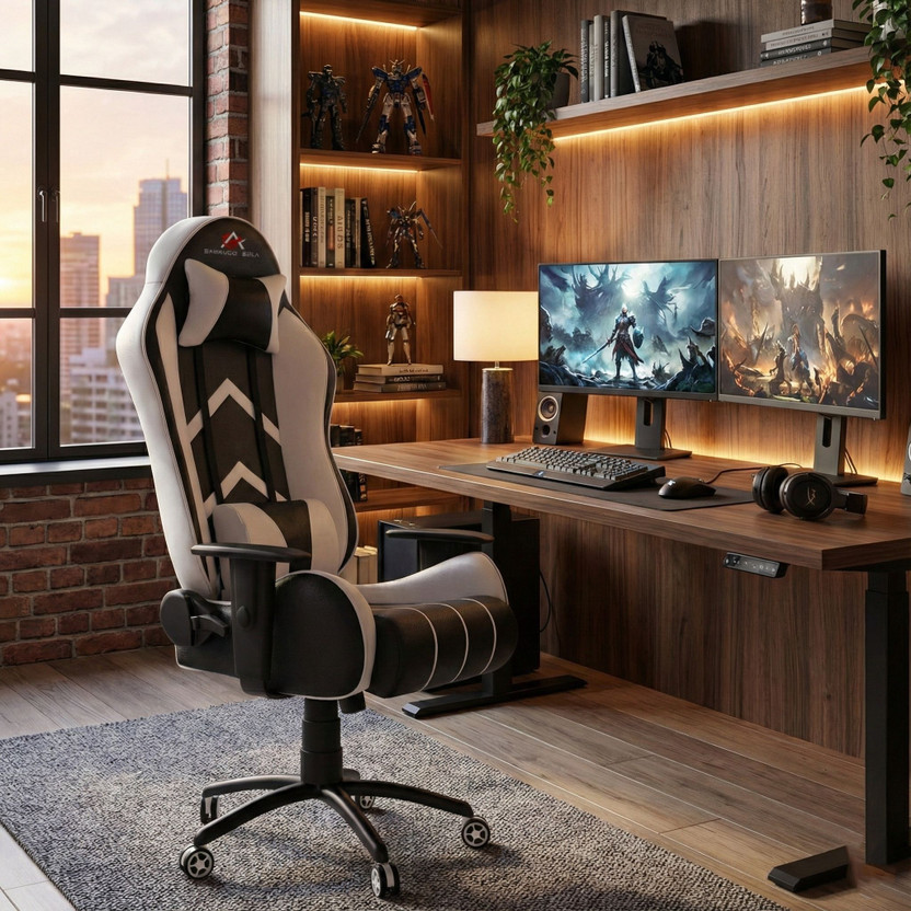 ASE Gaming Gold Series Gaming Chair with 180 Degree Reclining And Black Metal Base Gaming Chair(White, Black)