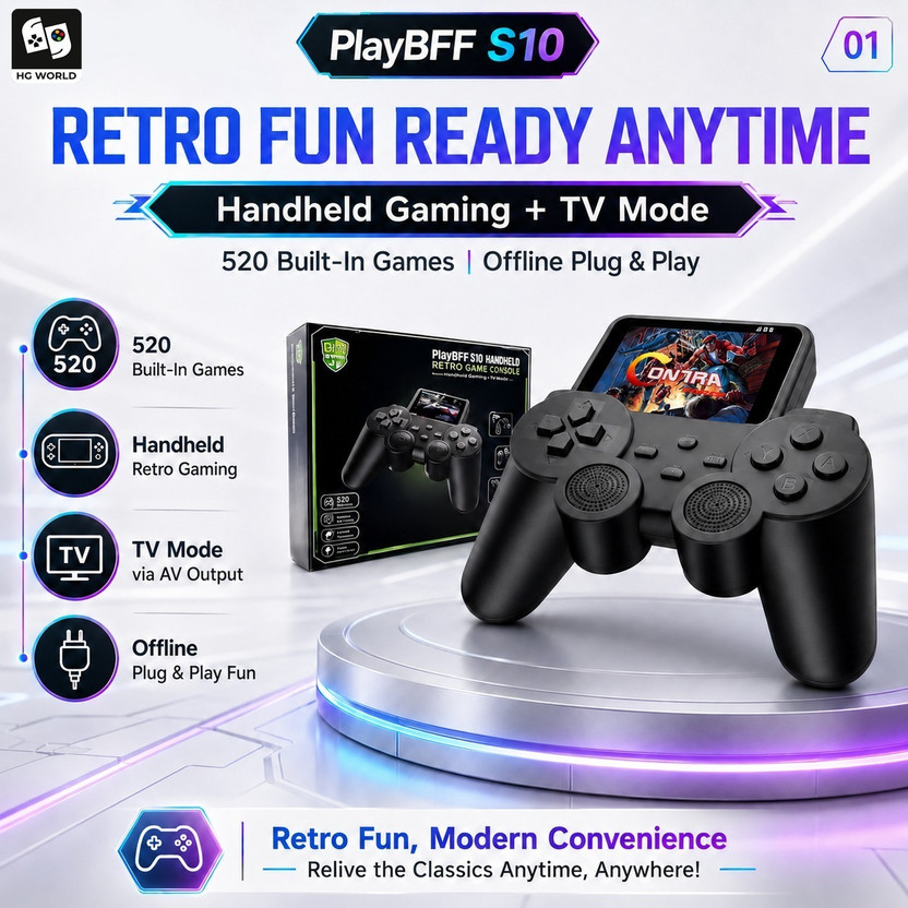 HG WORLD Retro S10 Controller Digital Game Player Classic Video Console Yes GB with 520 Classic Games Internal Display in Portable Pocket Gamepad(Black, game stick console 4k,PS3 ,PS4,Nintendo Switch,PVP,PS1,PSP for videogame hand tv)